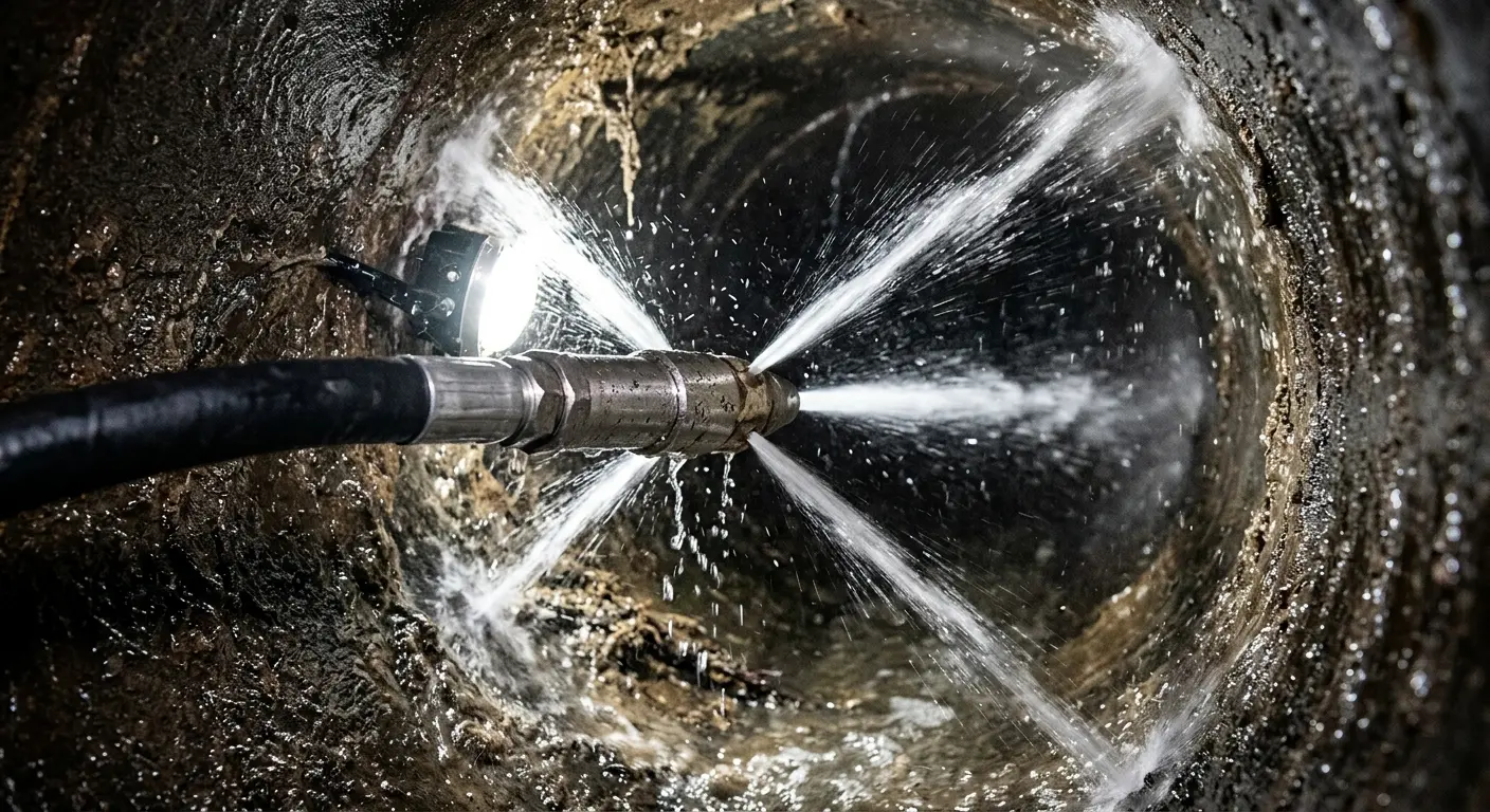 High-pressure hydro jetting nozzle cleaning sewer pipe for Emergency Drain Service in Greenville