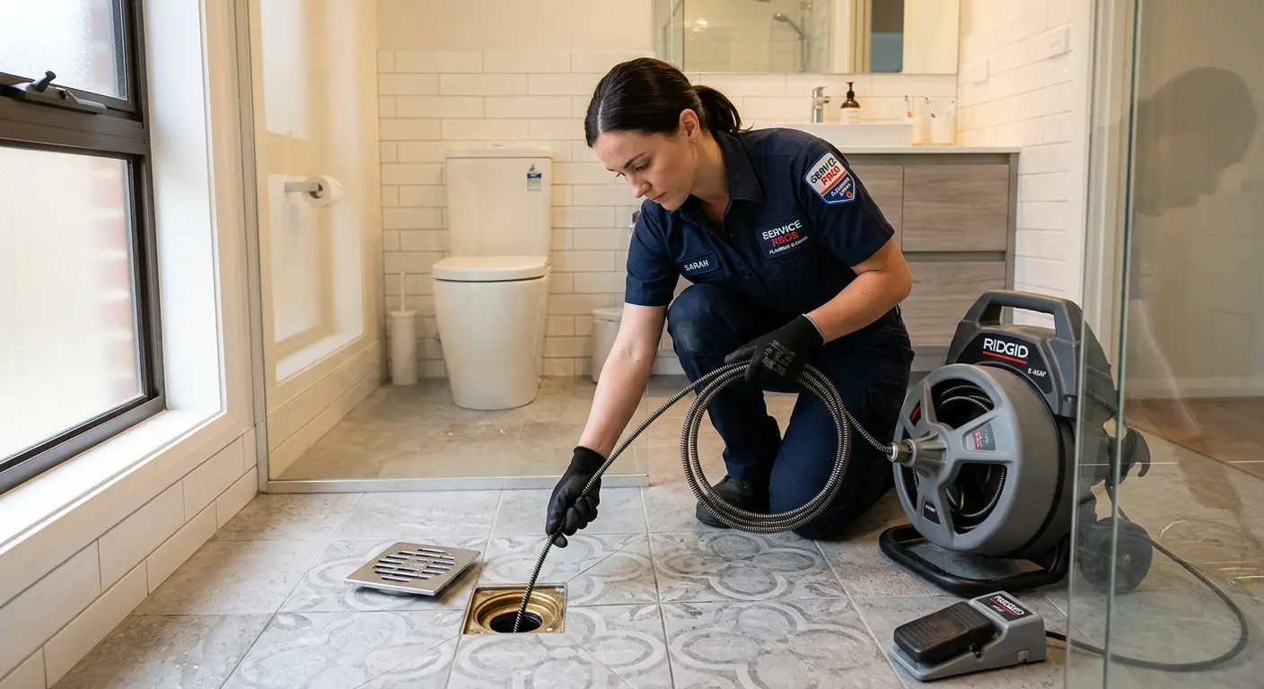 Technician clearing a bathroom floor drain for Sewer Line Replacement in Greenville